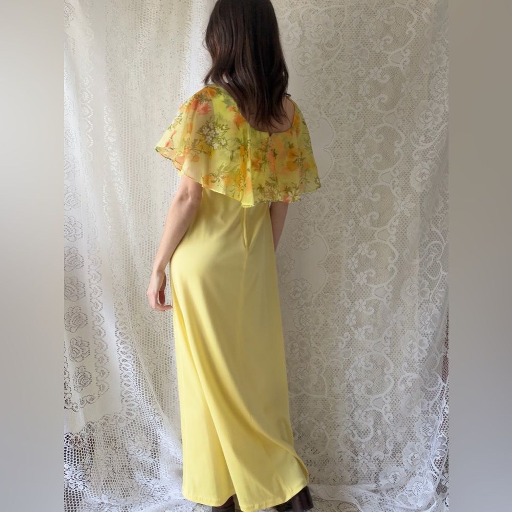Vintage Yellow Floral Chiffon Maxi Dress 70s Prairie Garden Party - Picture 9 of 14